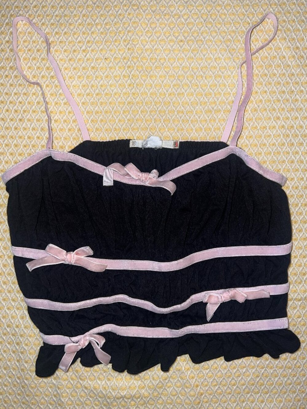 Kimchi Blue Black Ruched Tank Top Pink Velvet Trim Bow Accent Cami Small